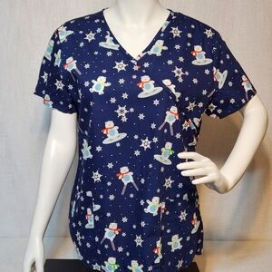 Willowbrook Scrubs Top Ice Skating Polar Bears Ski Cotton Blue Large